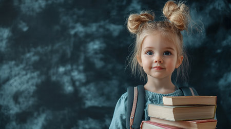 education and school concept - smiling little student girl with many books at school. back to schoolの素材