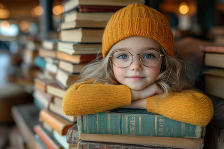 education and school concept - smiling little student girl with many books at school. back to schoolの素材