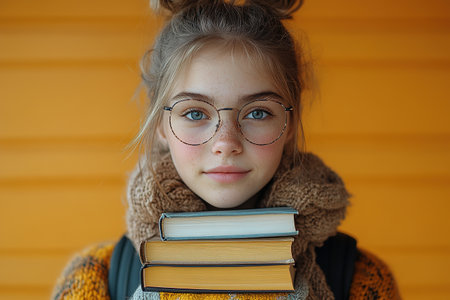 education and school concept - smiling little student girl with many books at school. back to schoolの素材