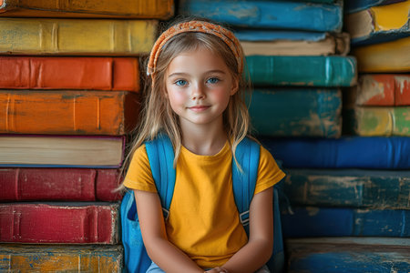 Back to school! Happy cute industrious child sitting on the tower of books on background of sunset sky. Concept of education and reading. The development of the imagination.の素材