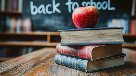 School books with apple on desk. Back to school.の素材