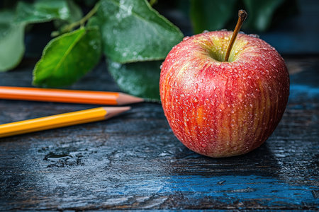 School books with apple on desk. Back to school.の素材