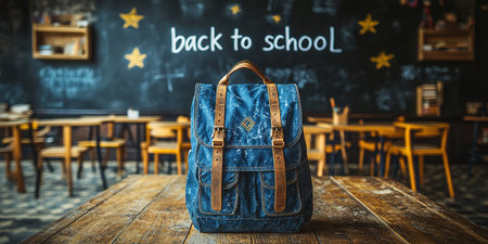 Backpack with different colorful stationery on table. Banner design.の素材