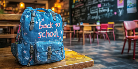 Backpack with different colorful stationery on table. Banner design.の素材
