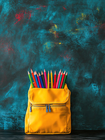 Backpack with different colorful stationery on table. Banner design.の素材