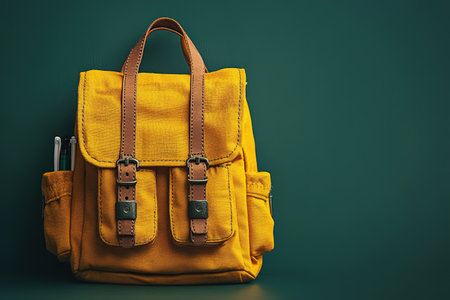 Backpack with different colorful stationery on table. Banner design.の素材