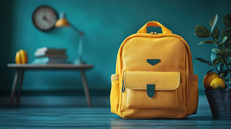 Backpack with different colorful stationery on table. Banner design.の素材