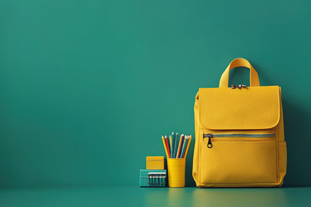 Backpack with different colorful stationery on table. Banner design.の素材