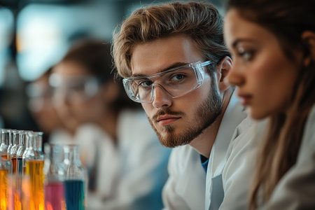 Excited science students doing chemical experiment in the laboratory at university.の素材