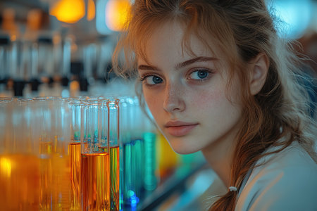 Excited science students doing chemical experiment in the laboratory at university.の素材