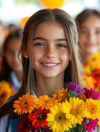 girl first day of school year. Girl with bouquet of flowers. September 1. Knowledge Day. The first class.の素材
