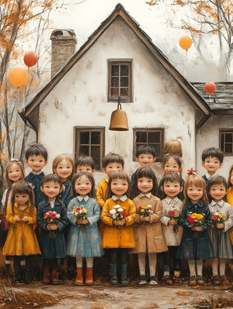 girl first day of school year. Girl with bouquet of flowers. September 1. Knowledge Day. The first class.の素材