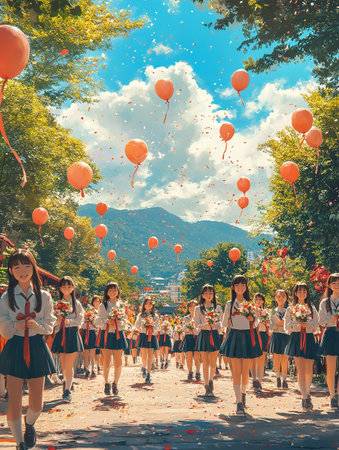 girl first day of school year. Girl with bouquet of flowers. September 1. Knowledge Day. The first class.の素材