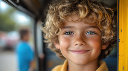 Happy smiling kid standing in the school bus door, cheerful boy wearing backpack entering vehicle, ready for a fun day of learning and playing with friends, looking at camera, copy spaceの素材