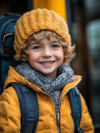 Happy smiling kid standing in the school bus door, cheerful boy wearing backpack entering vehicle, ready for a fun day of learning and playing with friends, looking at camera, copy spaceの素材