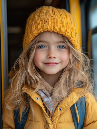 Girl with backpack near yellow school bus. Transport for students.の素材