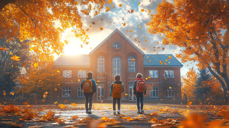 Little kids schoolchildren pupils students running hurrying to the school building for classes lessons from to the school bus. Welcome back to school. The new academic semester year startの素材