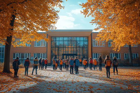 Little kids schoolchildren pupils students running hurrying to the school building for classes lessons from to the school bus. Welcome back to school. The new academic semester year startの素材