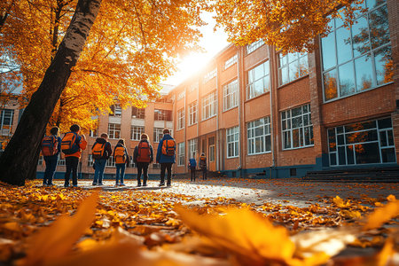Little kids schoolchildren pupils students running hurrying to the school building for classes lessons from to the school bus. Welcome back to school. The new academic semester year startの素材