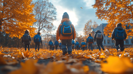 Little kids schoolchildren pupils students running hurrying to the school building for classes lessons from to the school bus. Welcome back to school. The new academic semester year startの素材