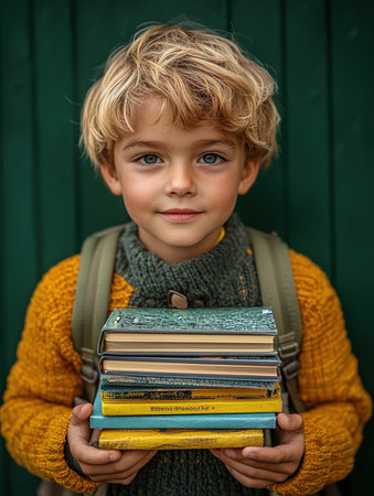 School kid with pile of books. Children enjoying book story in school library. Kids imagination, interest in literature. Kids smart activity. Child study read book in classroom. back to school.の素材