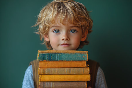 School kid with pile of books. Children enjoying book story in school library. Kids imagination, interest in literature. Kids smart activity. Child study read book in classroom. back to school.の素材