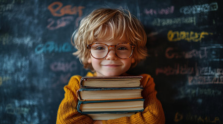 School kid with pile of books. Children enjoying book story in school library. Kids imagination, interest in literature. Kids smart activity. Child study read book in classroom. back to school.の素材