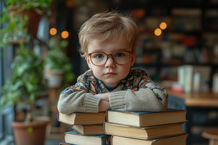 School kid with pile of books. Children enjoying book story in school library. Kids imagination, interest in literature. Kids smart activity. Child study read book in classroom. back to school.の素材
