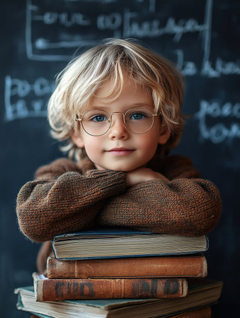 School kid with pile of books. Children enjoying book story in school library. Kids imagination, interest in literature. Kids smart activity. Child study read book in classroom. back to school.の素材