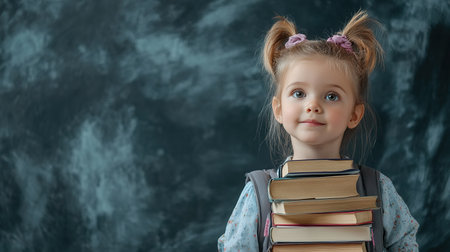education and school concept - smiling little student girl with many books at school. back to schoolの素材