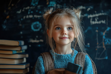 education and school concept - smiling little student girl with many books at school. back to schoolの素材