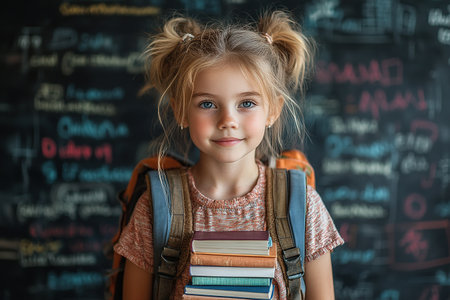 education and school concept - smiling little student girl with many books at school. back to schoolの素材