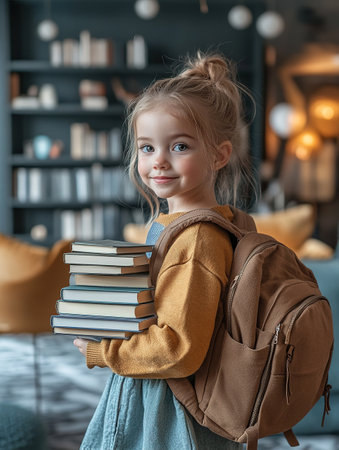 education and school concept - smiling little student girl with many books at school. back to schoolの素材