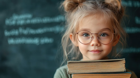 education and school concept - smiling little student girl with many books at school. back to schoolの素材