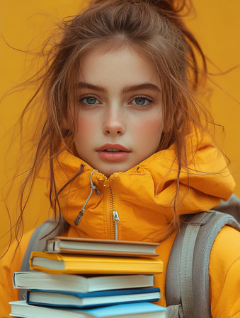 education and school concept - smiling little student girl with many books at school. back to schoolの素材