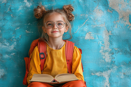 Back to school! Happy cute industrious child sitting on the tower of books on background of sunset sky. Concept of education and reading. The development of the imagination.の素材
