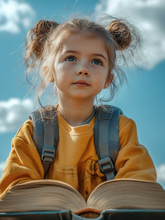 Back to school! Happy cute industrious child sitting on the tower of books on background of sunset sky. Concept of education and reading. The development of the imagination.の素材