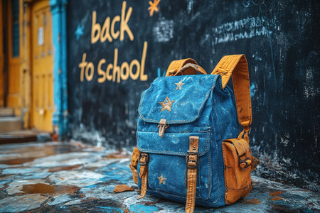 Backpack with different colorful stationery on table. Banner design.の素材