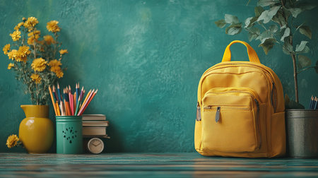 Backpack with different colorful stationery on table. Banner design.の素材