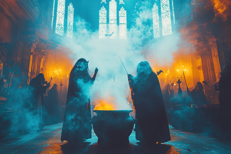 Halloween night background. The witch is brewing a potion in a cauldron on the background of a full moon over the castle.の素材