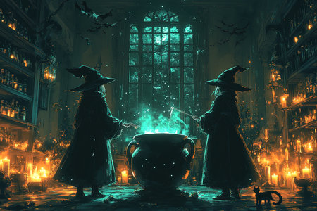 Halloween night background. The witch is brewing a potion in a cauldron on the background of a full moon over the castle.の素材