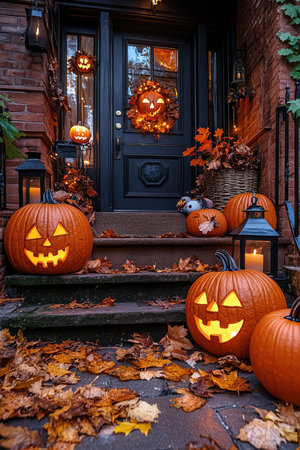 Halloween pumpkin decorations. Pumpkin for decorated house. Halloween Decorated at front yard of an American home. Halloween decorated front door with pumpkins. Autumn holiday of Halloween.の素材