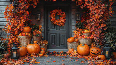 Halloween pumpkin decorations. Pumpkin for decorated house. Halloween Decorated at front yard of an American home. Halloween decorated front door with pumpkins. Autumn holiday of Halloween.の素材