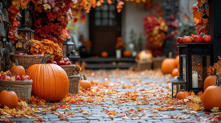 Halloween pumpkin decorations. Pumpkin for decorated house. Halloween Decorated at front yard of an American home. Halloween decorated front door with pumpkins. Autumn holiday of Halloween.の素材