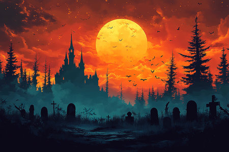 Scary Gothic castle on Halloween night, haunted palace or mansion for dark blue background. Spooky view of old mystery castle and bats in full moon. Horror scene with big glowy house, fantasy place.の素材