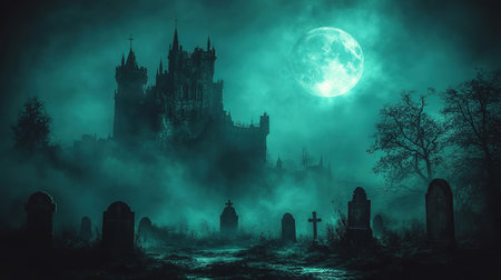 Scary Gothic castle on Halloween night, haunted palace or mansion for dark blue background. Spooky view of old mystery castle and bats in full moon. Horror scene with big glowy house, fantasy place.の素材
