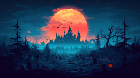 Scary Gothic castle on Halloween night, haunted palace or mansion for dark blue background. Spooky view of old mystery castle and bats in full moon. Horror scene with big glowy house, fantasy place.の素材