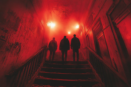 A horror concept. Of a hooded figure with no face standing in the doorway of a decaying room in an abandoned ruined house.の素材