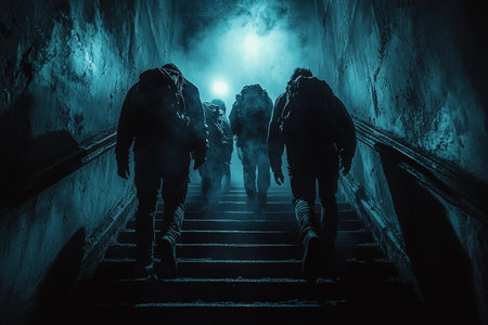 A horror concept. Of a hooded figure with no face standing in the doorway of a decaying room in an abandoned ruined house.の素材