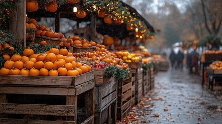 Pumpkins market. Autumn harvest on farm shop outdoor. Various vegetables in wooden boxes for Halloween and Thanksgiving day. Rural store with homegrown organic eco-friendly food. Small local business.の素材